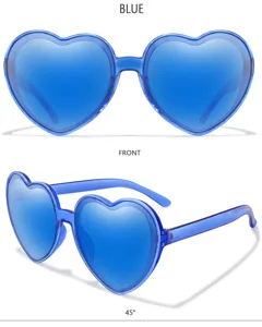 Blaue herzförmige Sonnenbrille Detailansicht, trendiges Party Brillenaccessoire für den Look.