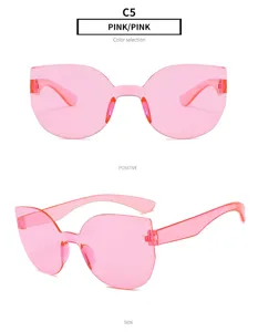 Rosa einteilige Bonbonfarben Sonnenbrille Damen Herren Mode rahmenlos Brille Details Ansicht.
