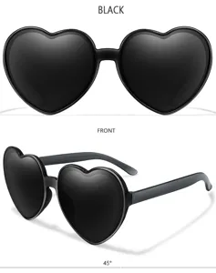 Detailansicht der schwarzen herzförmigen Sonnenbrille mit einzigartigem Design und dunklen Gläsern.