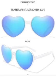 Modische herzförmige Sonnenbrille mit blauen Spiegelgläsern und transparenten Rahmen für Partys.