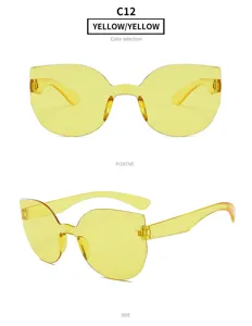 Gelbe einteilige Sonnenbrille Detailansicht, transparenter Bonbonfarben Rahmen.