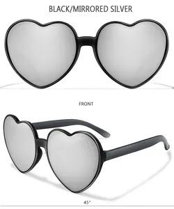 Herzförmige Sonnenbrille Detailansicht, schwarzer Rahmen verspiegelte Gläser, Party.