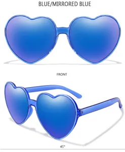 Blaue herzförmige verspiegelte Sonnenbrille Detailansicht, modische Partybrille für Damen.