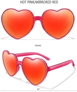 Herz Sonnenbrille, pinker Rahmen, rote verspiegelte Gläser, Detailansicht, Modebrille