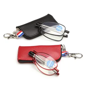Draagbare opvouwbare leesbril met metalen frame en lederen etui voor helder zicht.