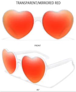 Herzförmige Sonnenbrille mit transparenten Gestellen und roten Spiegelgläsern für Partys.