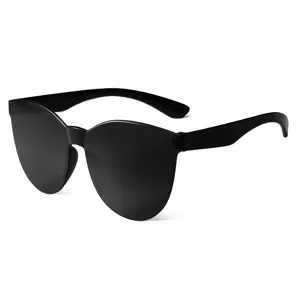 Stylish black rimless one-piece shield sunglasses for women and men, trendy sun eyewear.