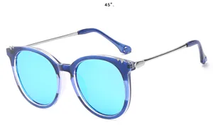 Lunettes de soleil polarisees degradees avec monture bleue et branches en metal argente.