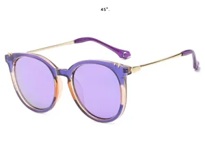 Vue détaillée de lunettes de soleil rondes violette tendance avec verres polarisés et branches.