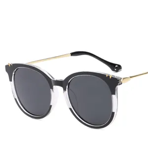 Lunettes de soleil polarisées tendance avec monture noire transparente et branches dorées.