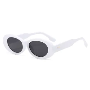 Trendige weiße ovale Sonnenbrille für Damen, stylische Vintage Mode Brille mit dunklen Gläsern.