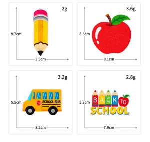School supplies embroidered patches detail with pencil, apple and school bus designs and sizes.