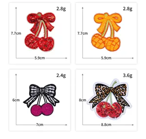 Lot de patches brodés de paillettes cerise nœud scintillant, badge thermocollant dimensions.