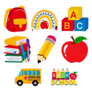 Cute Cartoon School Supplies Embroidery Patches Pencil School Bag Book Apple Iron On Patches For Clothing DIY