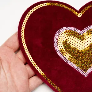 Large red velvet heart sequin embroidered patch for clothing DIY decoration, shiny applique.