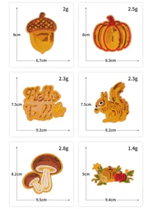 Vista detallada de varios parches bordados de lentejuelas de otoño con dimensiones.