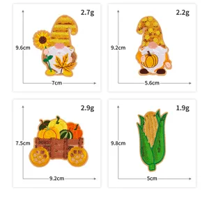 Parches bordados de lentejuelas de cosecha de otoño, lindos diseños de gnomo calabaza y maíz con medidas.