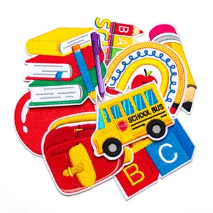 School theme embroidered patches set, cute cartoon backpack and pencil cloth badges for clothing decor.