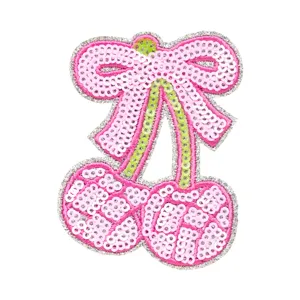Patch brodé cerise nœud paillettes rose thermocollant pour réparation de vêtements DIY