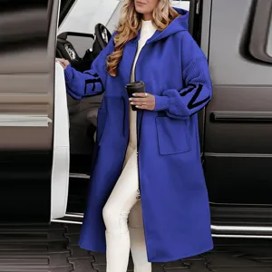 Women loose casual long hooded windbreaker spliced sweater coat outerwear fashion apparel