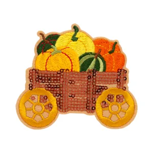 Parche bordado de carro de calabazas de otoño, accesorio DIY de ropa con lentejuelas.