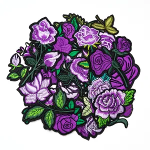 Set de patchs brodés roses violettes, à thermocoller DIY pour vêtements et sacs.