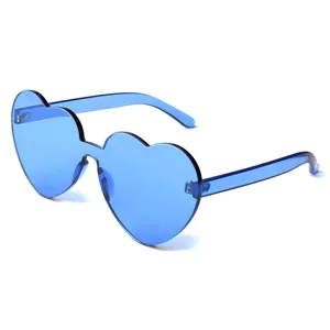 Bonbonfarbene blaue herzförmige Sonnenbrille, süße einteilige rahmenlose Mode-Brille.