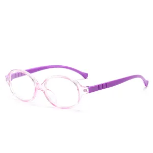 Kinder Blaulichtfilter Brille mit transparentem rosa Gestell und lila Bugeln, Hauptansicht.