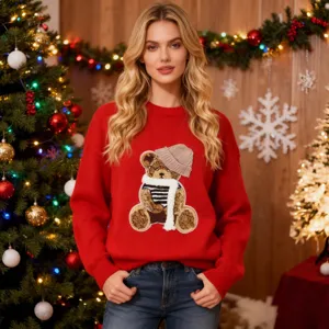 Dames Kerst Gebreide Trui Schattige Cartoon Teddybeer Patch Rood Kleurblok Ronde Hals Lange Mouw Top Herfst Winter