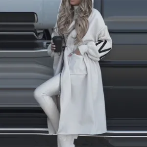 Women casual long hooded trench coat spliced sweater outerwear detail view stylish daily wear