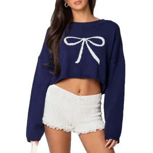 Dunkelblauer Crop Pullover für Damen mit weißer Schleife, langärmliger Knitwear Pulli top.