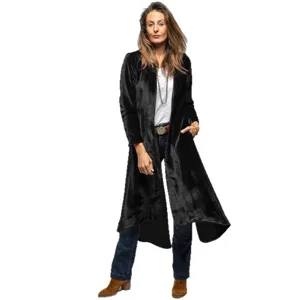 Women vintage long velvet trench coat solid color casual outerwear stylish black jacket apparel