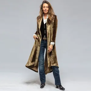 Women's Vintage Solid Color Velvet Trench Coat Long Sleeve Lapel Open Front Loose Outerwear Casual Long Duster Jacket