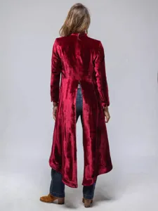 Women's vintage velvet long trench coat solid color back split stylish outerwear.
