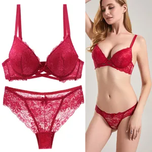 Sexy red lace bra and panty lingerie set for women, push up plus size design, elegant underwear.