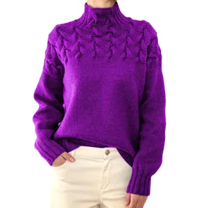 Women purple high neck cable knit sweater long sleeve casual loose pullover winter tops