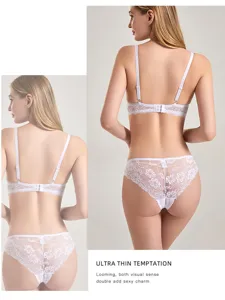 Detailed back view of a sexy lace bra and panties set, elegant white design for women.