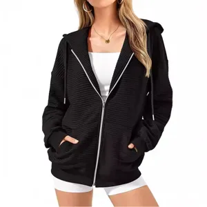 Women's casual long sleeve solid color pocket zipper hooded sweatshirt jacket top for daily wear