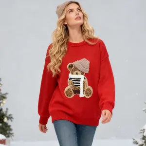 Vrouwen Kerst Cartoon Gebreide Trui Lange Mouw Casual Ronde Hals Rood Winter Bovenkleding