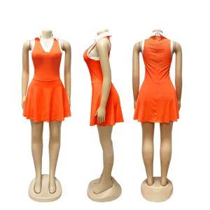 Vestido deportivo sin mangas naranja con cuello de solapa con cremallera blanco para fitness.