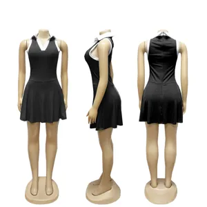 Negro blanco contraste sin mangas cremallera polo mini vestido detalle deporte fitness