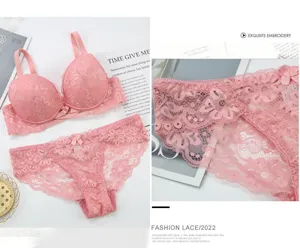 Detailed shot of exquisite pink lace bra and panties set, highlighting floral embroidery texture.