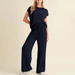 Conjunto de dos piezas de punto acanalado para mujer cuello redondo manga corta pantalon ancho