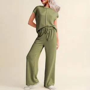 Conjunto de dos piezas acanalado para mujer con top de manga corta y pantalón ancho