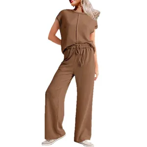 Conjunto Dos Piezas Acanalado Marrón Mujer Top Manga Corta Y Pantalón Ancho Principal