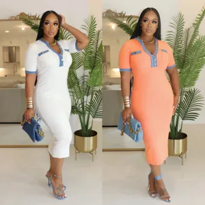 Women's short sleeve V-neck denim patchwork stretch bodycon midi dress casual elegant outfit