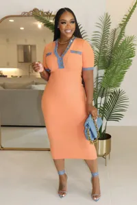 Women denim patchwork V-neck knit bodycon midi dress short sleeve casual chic party wear