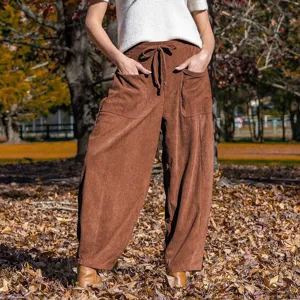 Stijlvolle dames herfst winter bruine ribfluweel casual harembroek met handige zakken.