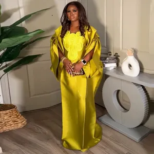 Elegant Satin Square Neck Embroidered Loose Maxi Dress Plus Size Women Batwing Sleeve Robe Caftan For Casual Vacation