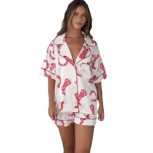 Women satin pajama set short sleeve button down sleepwear lounge two piece set white